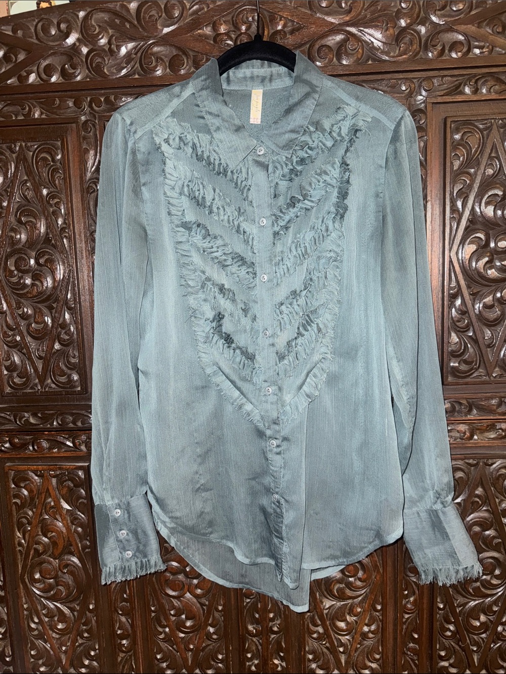 Free People Tuxedo Teal Ruffle-Front Button Down Semi-Sheer Blouse